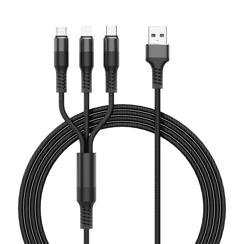 3-in-1 Nylon Strong Charge and Sync USB Cable 2.4A [3 FT] (Black)
